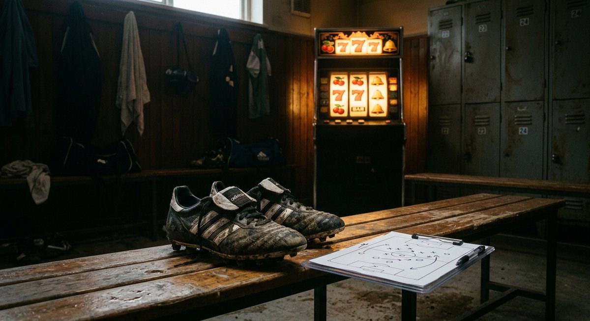 Sepasang sepatu bola dan papan taktik di ruang ganti dengan lampu gulungan slot menyala di belakang