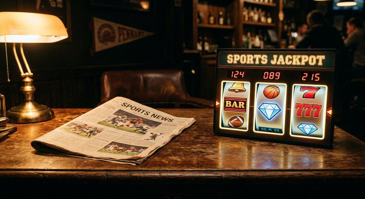 Koran olahraga terlipat di meja kayu dengan papan skor digital bergaya gulungan slot menyala keemasan