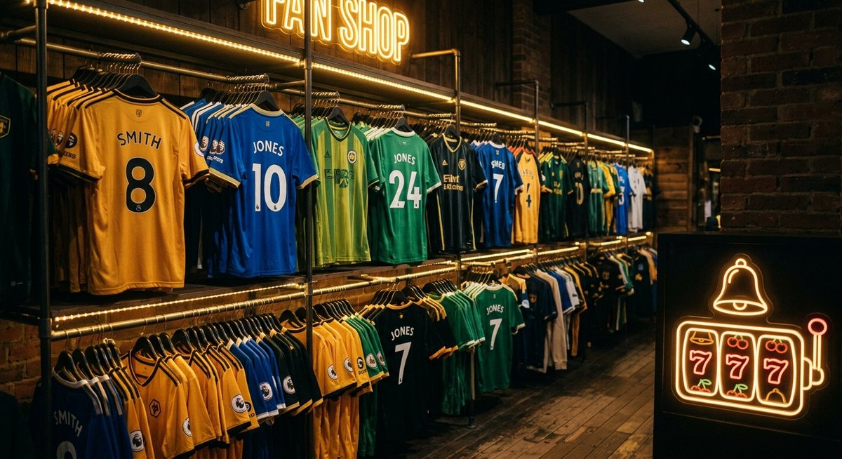 Jersey sepak bola tergantung di etalase dengan lampu neon kasino dan simbol BAR bercahaya