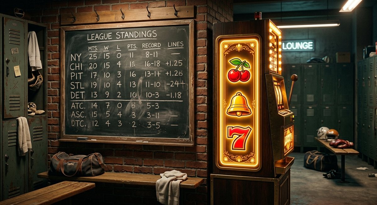 Papan klasemen hitam putih bergaya lama di samping strip gulungan slot berlampu emas