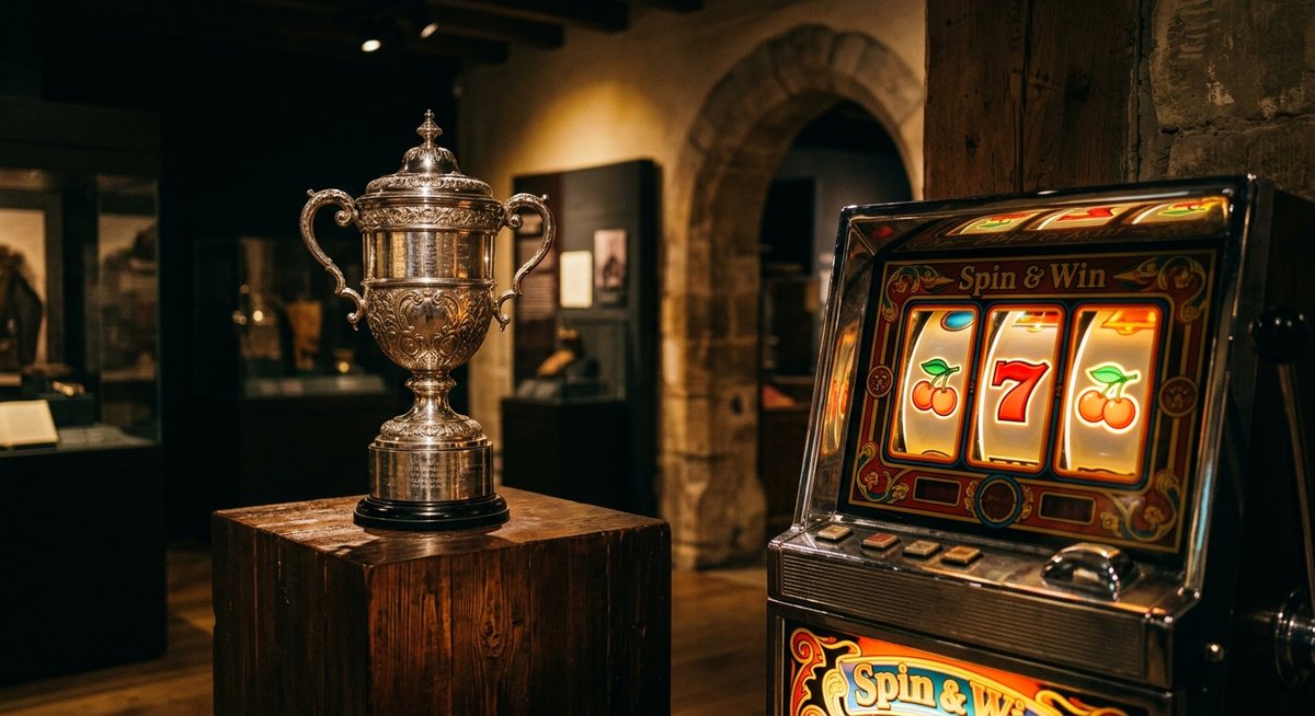 Piala liga era lampau di atas kabinet mesin slot dengan gulungan simbol cherry dan tujuh menyala